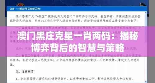 澳门黑庄克星一肖两码:揭秘博弈背后的智慧与策略